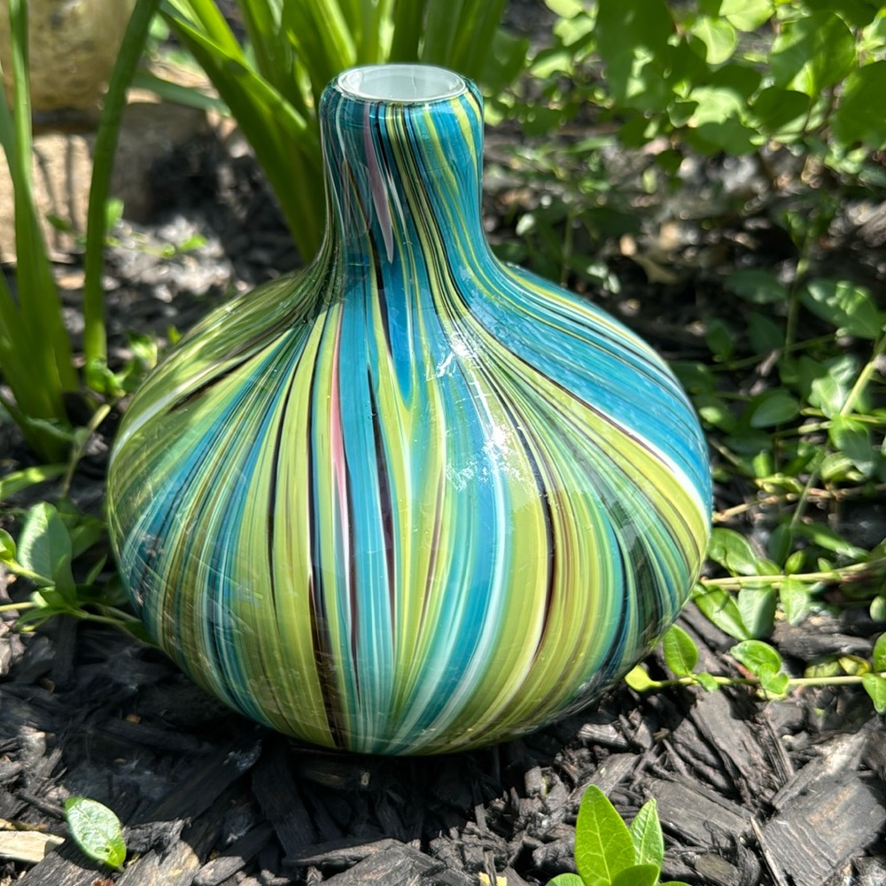 Plum, teal and green swirl glass vase